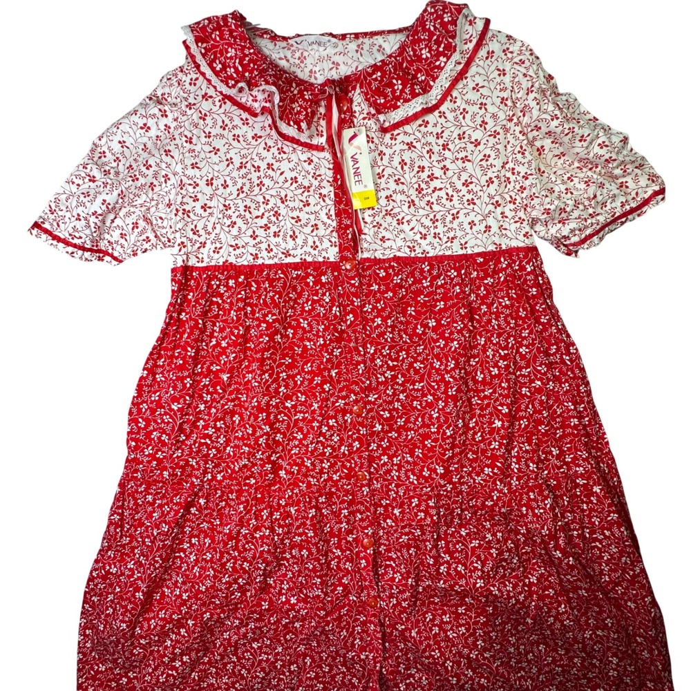 Vanee Floral Nightgown Red‎ White Ruffle Lace Trim Cottagecore Sleepwear XL NEW